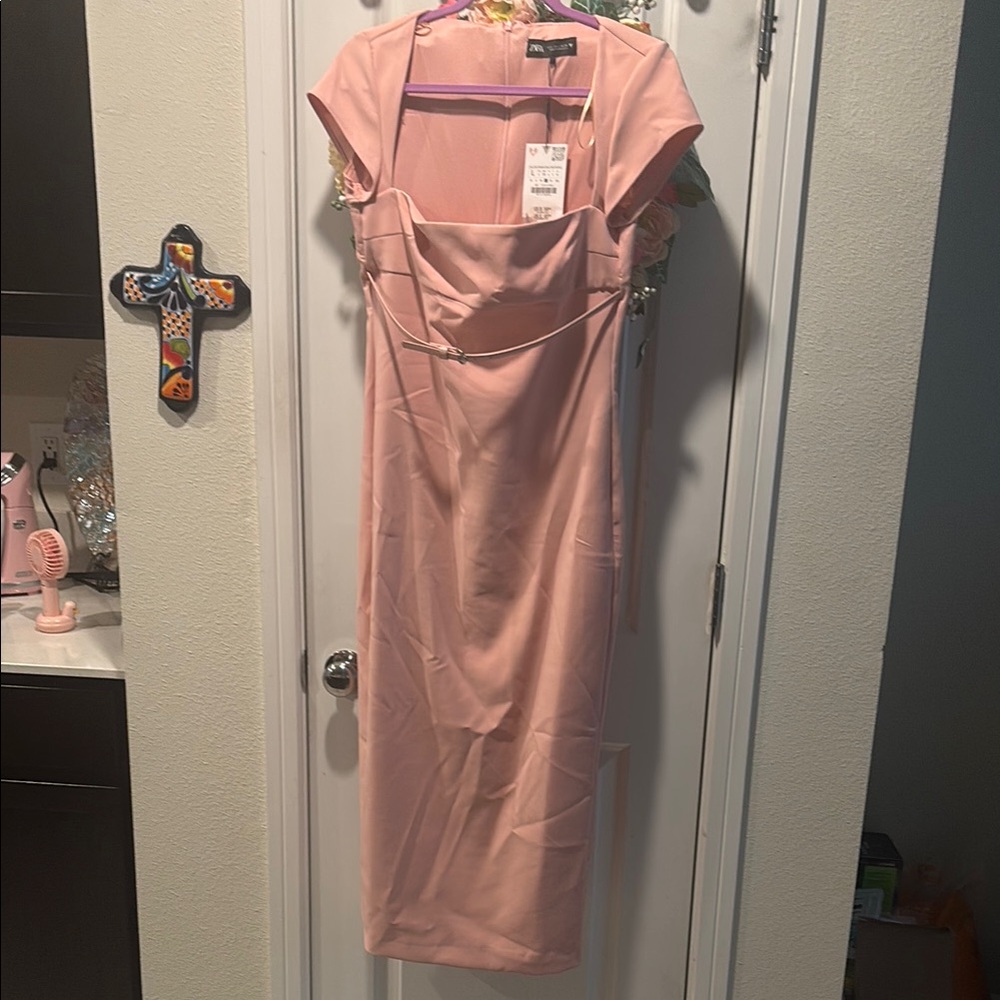 Zara Pink Midi Dress with Flutter Sleeves and Square Neck